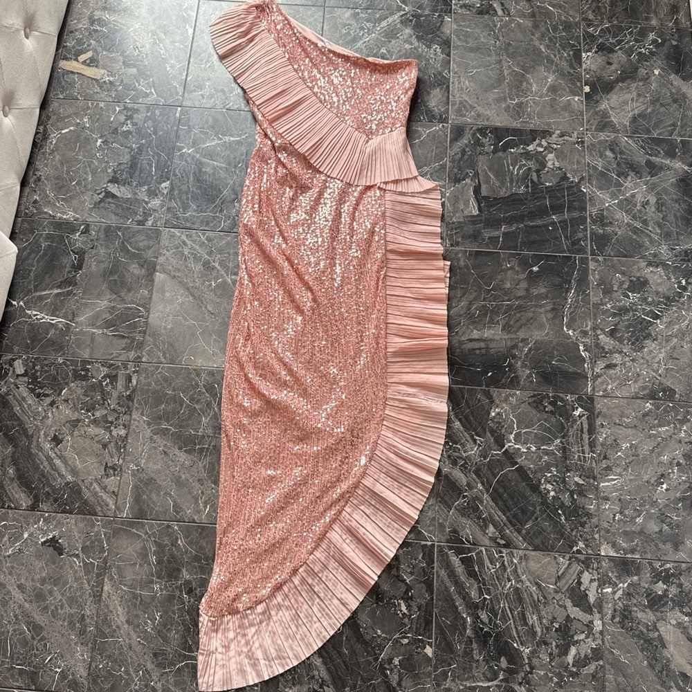 Pink Ruffled Asymmetrical One-Shoulder Cocktail Dress